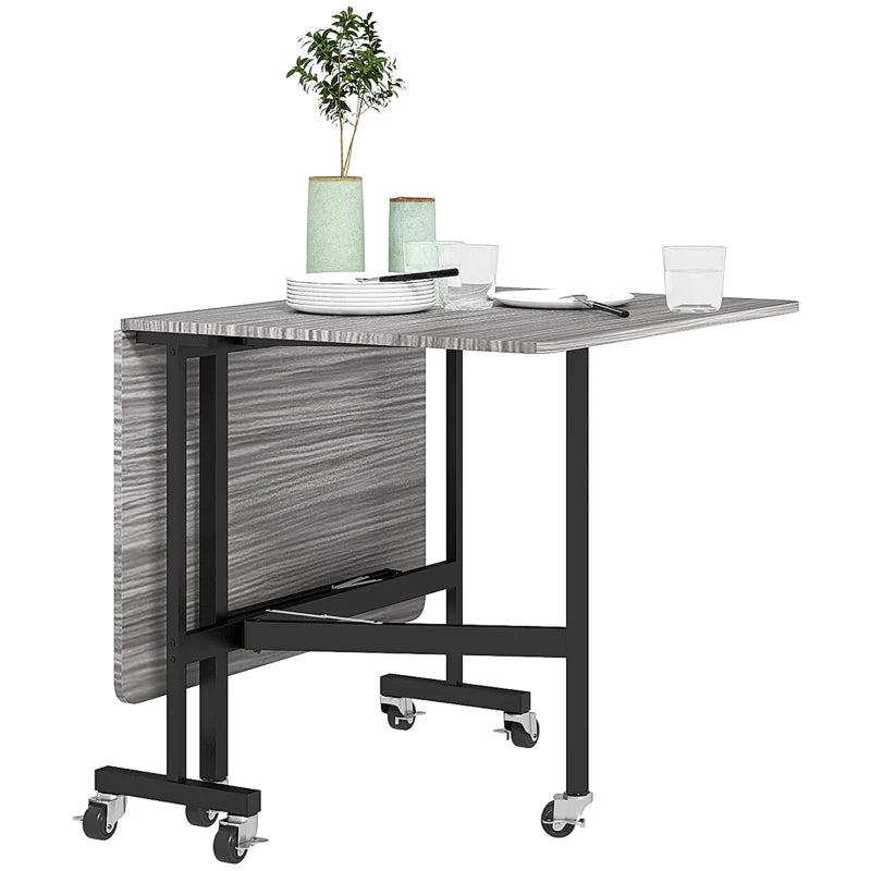 Unique Six-Seater Drop-Leaf Dining Table on Wheels - Stylish Grey Wood-Effect for Modern Homes