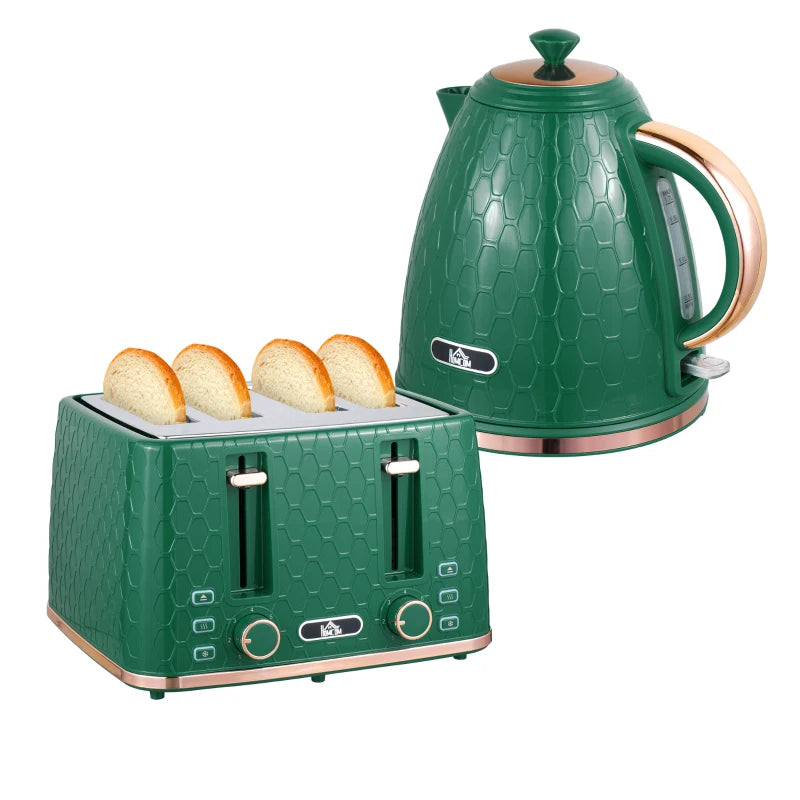 Green Kettle and Toaster Set - 1.7L Fast Boil Jug Kettle & 4 Slice Toaster with 7 Browning Levels, UK Thermostat