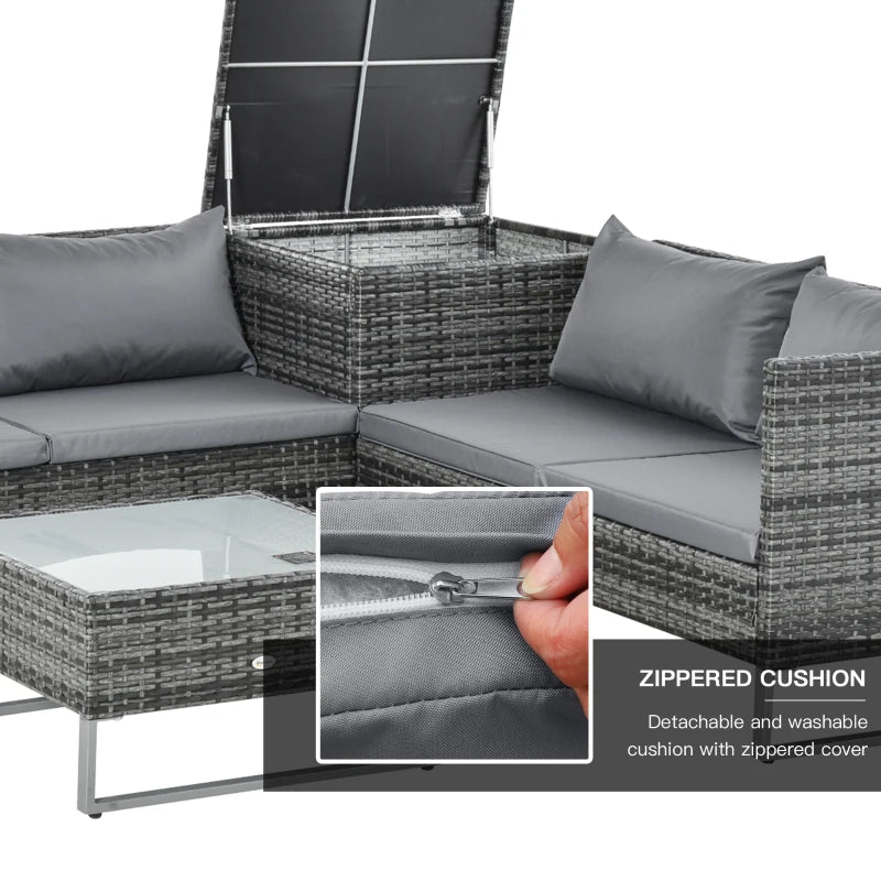 x2 Mixed Grey Rattan Sofas With Grey Cushions and Table Set with Side Storage - For Corner & Patio