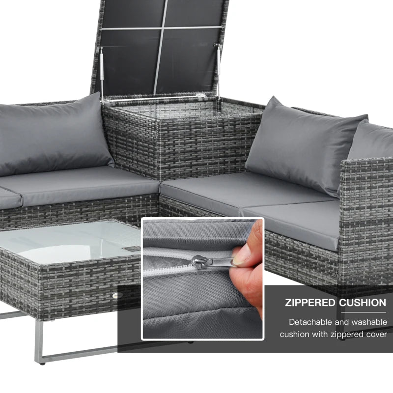 x2 Mixed Grey Rattan Sofas With Grey Cushions and Table Set with Side Desk Storage