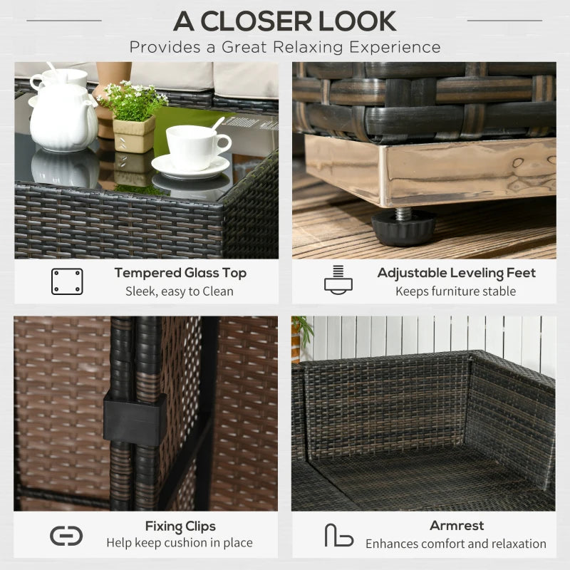 Brown 7-Seater Rattan Corner Sofa Set, Garden Furniture Set & Tempered Glass Table