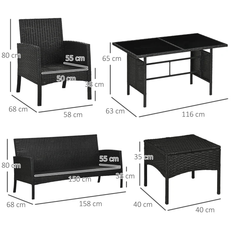 Black 6 Piece rattan Furniture Set - 2 Armchairs, 3-Seater Wicker Sofa, 2 Footstools and Glass Table