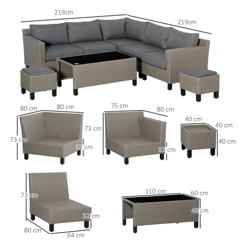 8 Piece Grey Rattan Sofa Set With Tempered Glass Coffee Table & Cushions