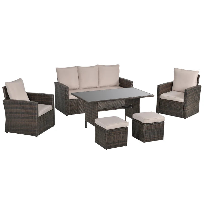 Brown 6 Piece Rattan Dining Set With Dark Grey Cushions