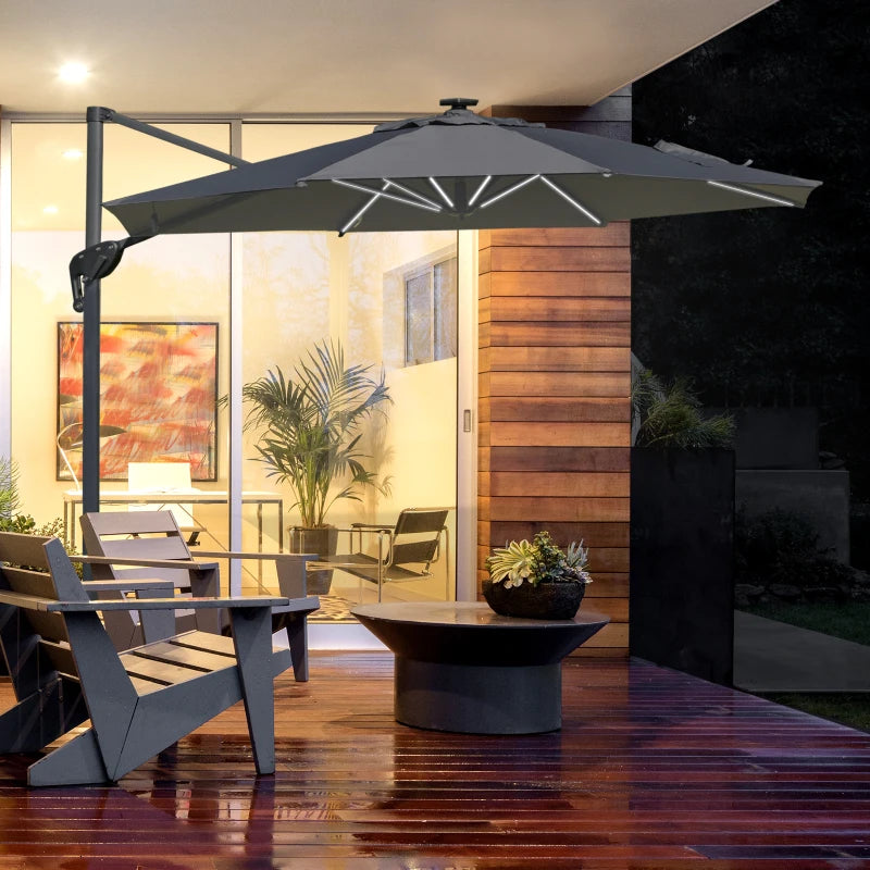 2.55H x 2.98m Light Grey Adjustable Cantilever Parasol With LED Lights