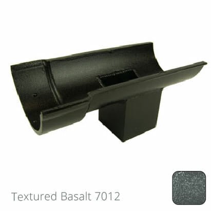 115mm (4.5") Beaded Half Round Cast Aluminium Single Spigot/Socket Running Outlet with 75x75mm square outlet pipe - Textured Basalt Grey RAL 7012 - Trade Warehouse