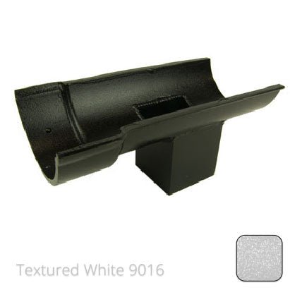 115mm (4.5") Beaded Half Round Cast Aluminium Single Spigot/Socket Running Outlet with 75x75mm square outlet pipe - Textured Traffic White RAL 9016 - Trade Warehouse