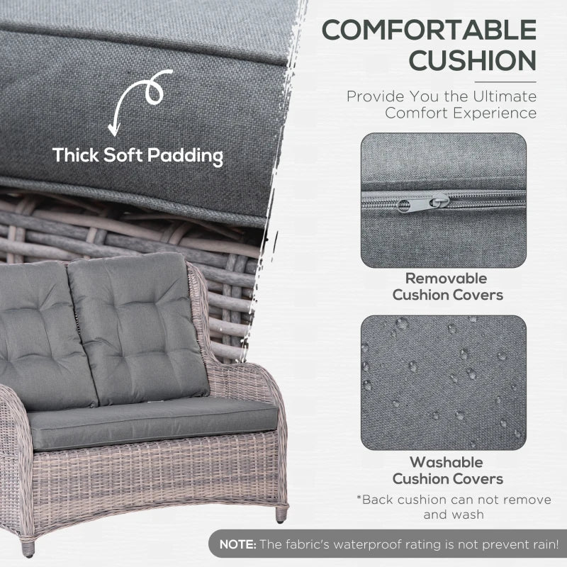 Grey 4 Seater Wicker Furniture Set - High Back Chairs with Cushions, Tempered Glass Coffee Table