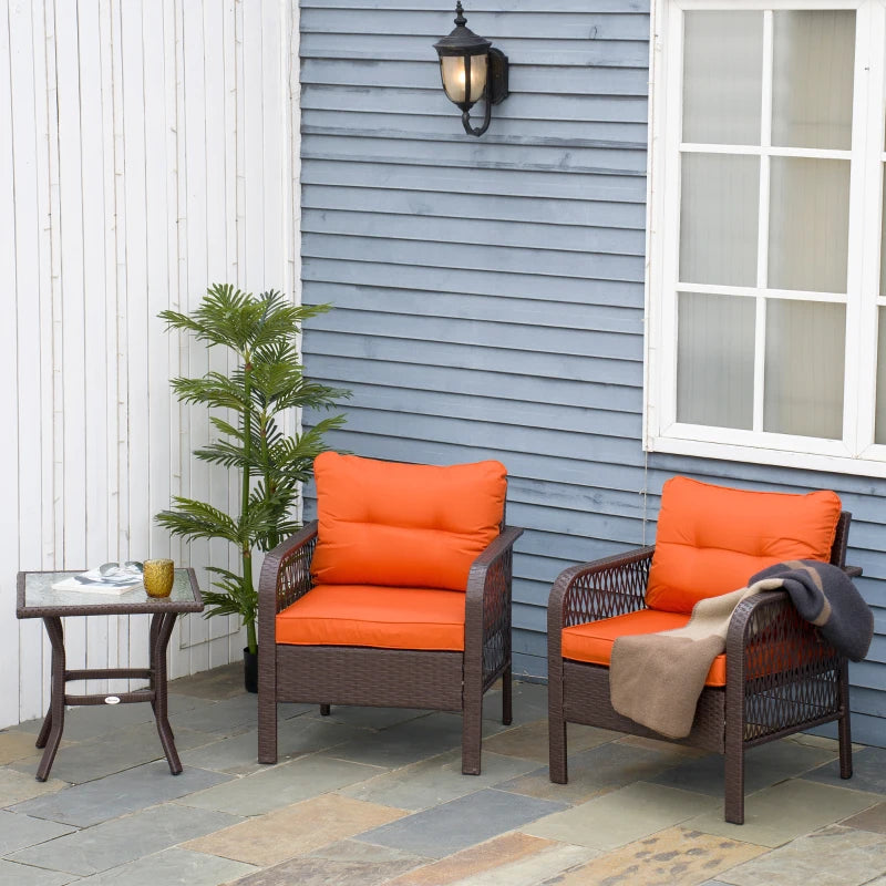 Dark Brown Patterned Rattan Bistro Set With Orange Cushions