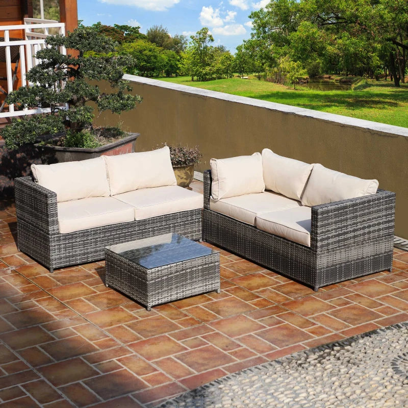 Beige 4 Seater Rattan Corner Sofa Chair Set with Coffee Table