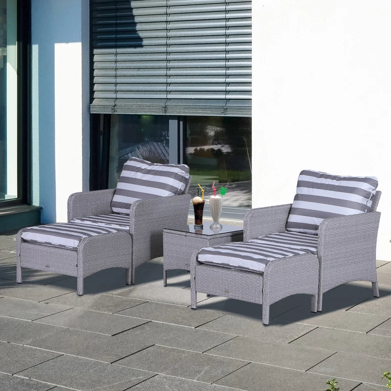 Dark Grey 5 Piece Rattan Set With 2 Armchairs, 2 Stool and Glass Top Table - Striped White & Grey Cushions