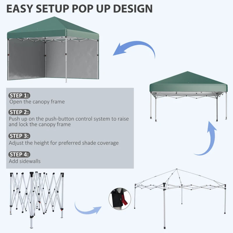 3m x 3m Green Pop Up Gazebo with 2 Sidewalls, Leg Weight Bags and Carry Bag