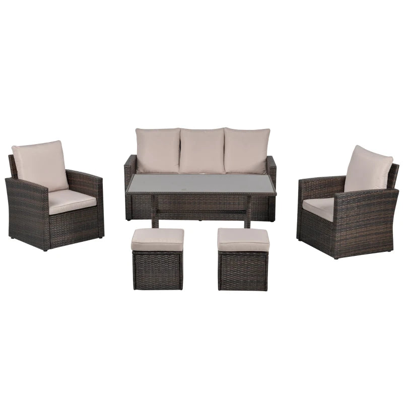 Brown 6 Piece Rattan Dining Set With Dark Grey Cushions