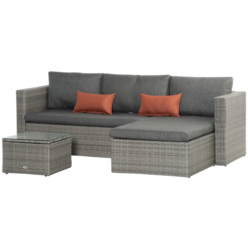 Grey L-Shaped 3 Seater Sofa With Grey Cushions and Glass Top Coffee Table