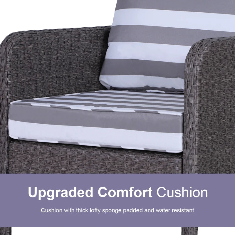Dark Grey 5 Piece Rattan Set With 2 Armchairs, 2 Stool and Glass Top Table - Striped Grey Cushions