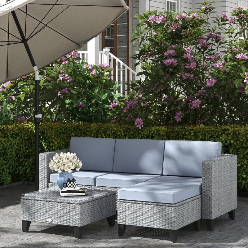Grey 5-Piece Rattan Set with Corner Sofa, Footstools & Coffee Table