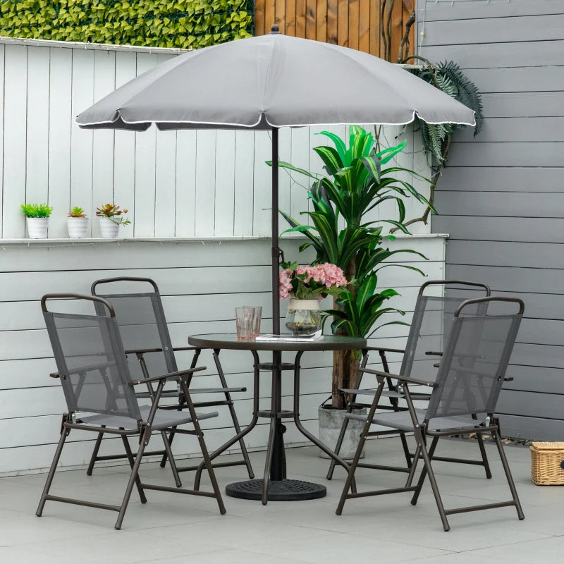 Grey 6 Piece Dining Set With Foldable Chairs & Parasol
