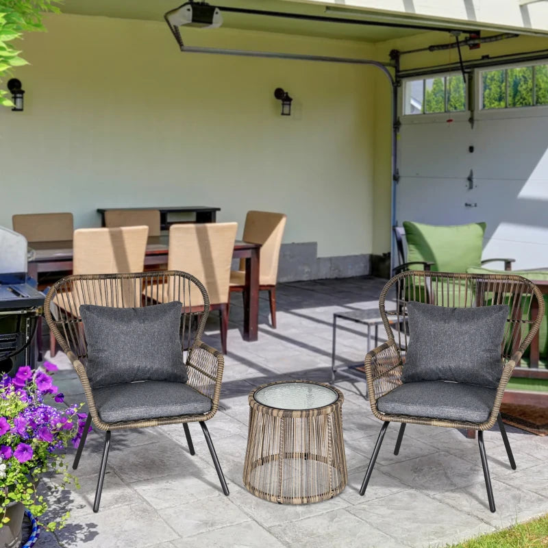 Grey 3 Rattan Dining Set - 2 with Chairs and Glass Coffee Table