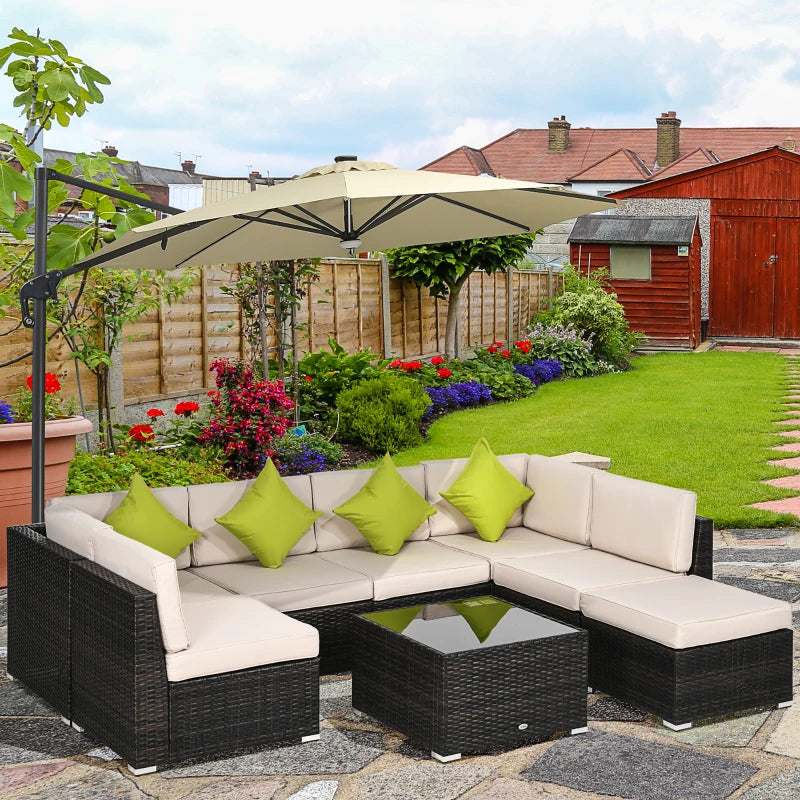 Brown 7-Seater Rattan Corner Sofa Set, Garden Furniture Set & Tempered Glass Table
