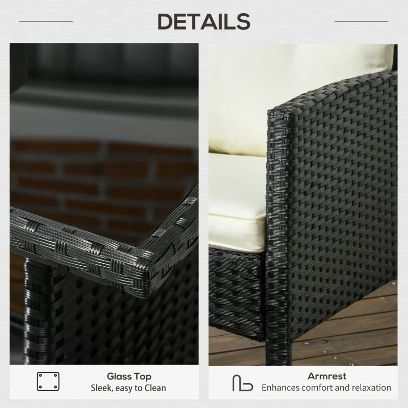 Black 6 Piece rattan Furniture Set - 2 Armchairs, 3-Seater Wicker Sofa, 2 Footstools and Glass Table