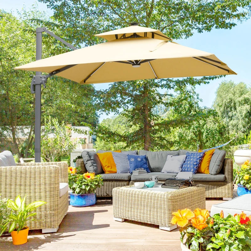 2.65H x 2.48m Khaki Tiered LED Adjustable Cantilever Parasol