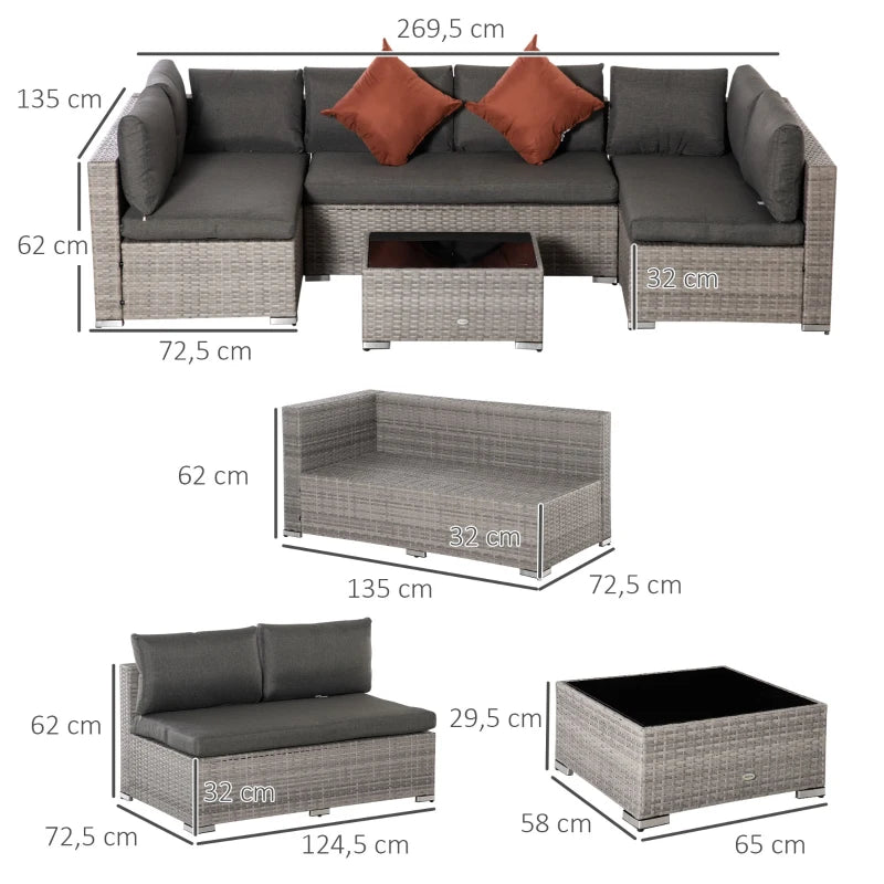Grey Four-Piece 6 Seater Rattan Corner Sofa Set With Red Cushions