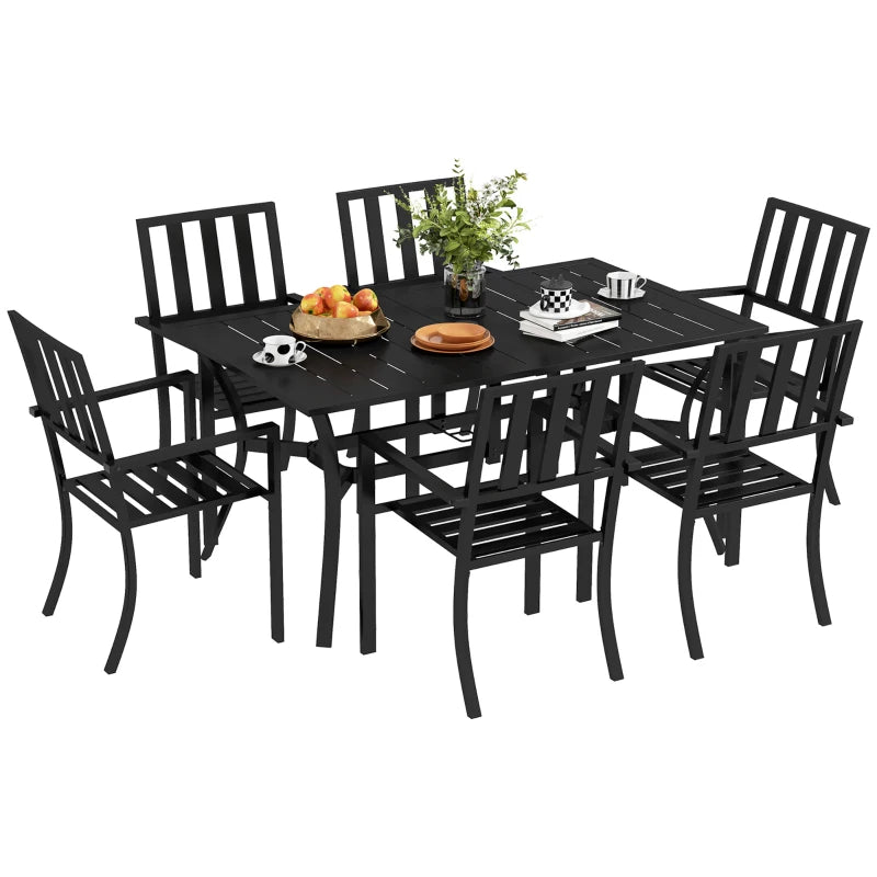 Black Metal 7 Piece Garden Dining Set With Umbrella Hole & Table Plus Stackable Chairs