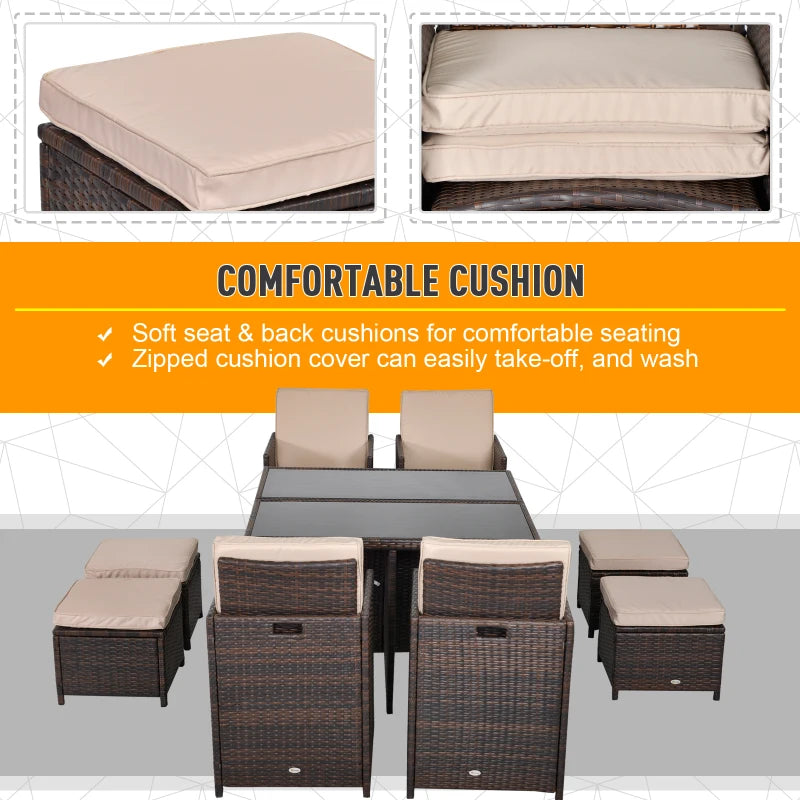 Brown Rattan Dining Set With Light Coloured Cushions & Table