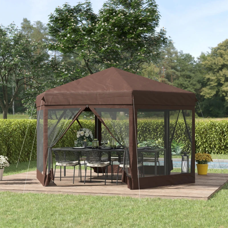 Brown 3m x 3.5m Hexagonal Pop Up Gazebo - Bag Included