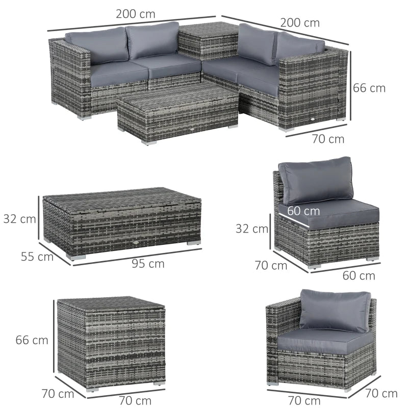 4 Seater Mixed Grey Corner Rattan Sofa With Glass Top Table and Storage Unit