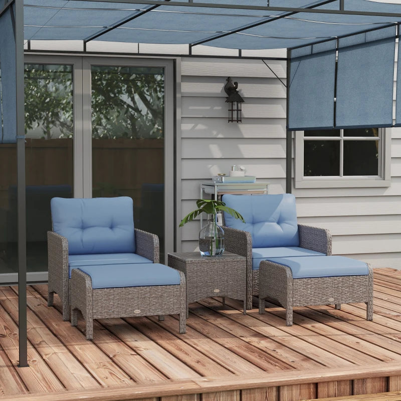 Blue 5 Piece Rattan Chair Set - 2 Armchairs & 2 Stools With Glass Top Table