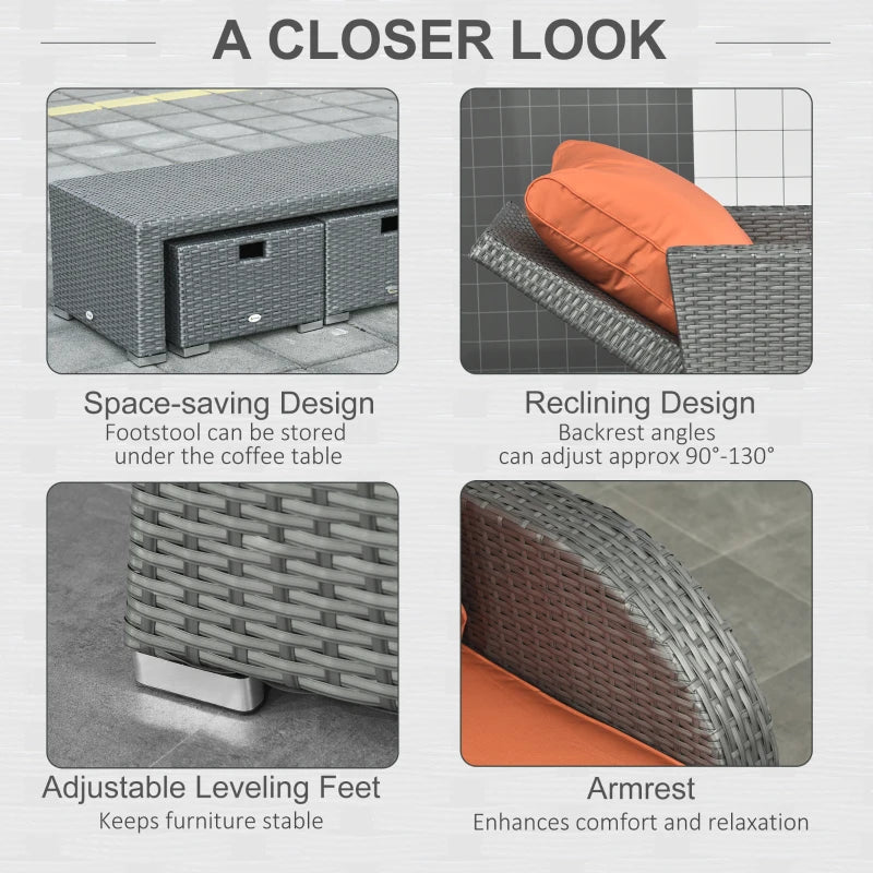 3-Seater Orange Cushioned Rattan Sofa With 2 Armchairs and 2 Footstools + Coffee Table