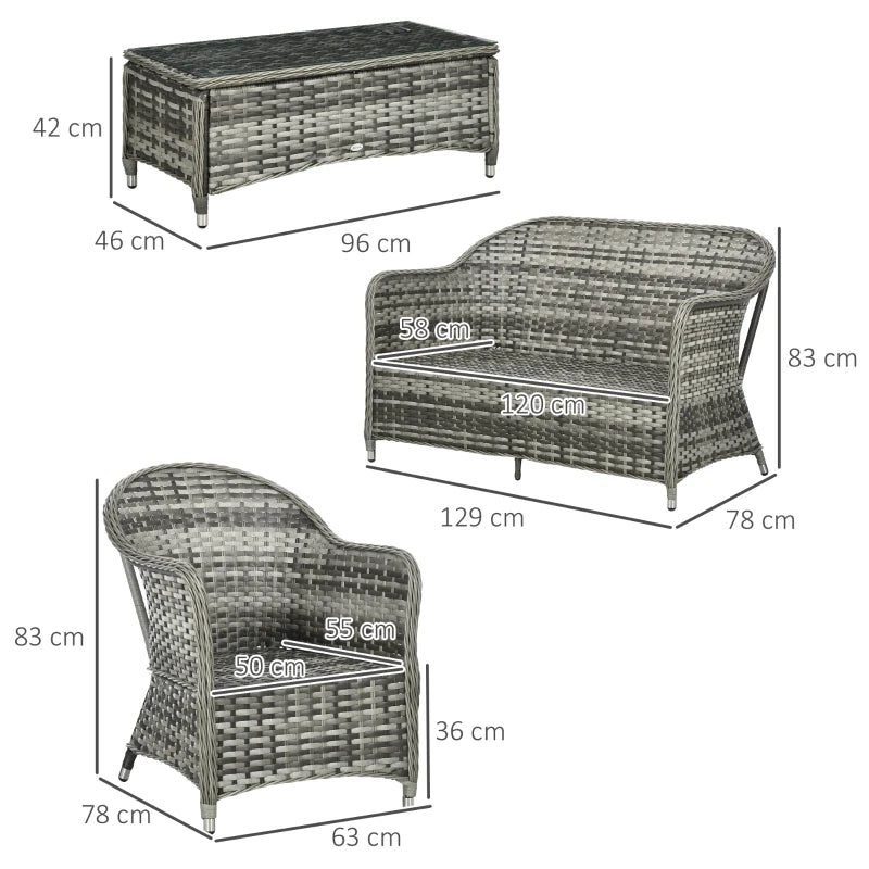 Grey 4 Piece Rattan Furniture Set With Glass Top Coffee Table