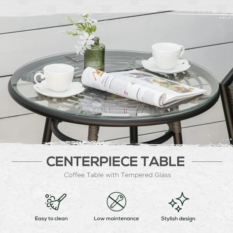 Grey Patio Table With 2 Armchairs & Glass Top Coffee Table