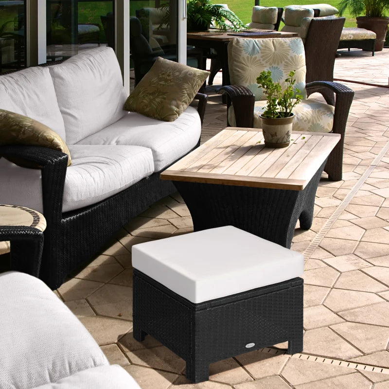 Black Rattan Footstool with Padded Seat Cushion