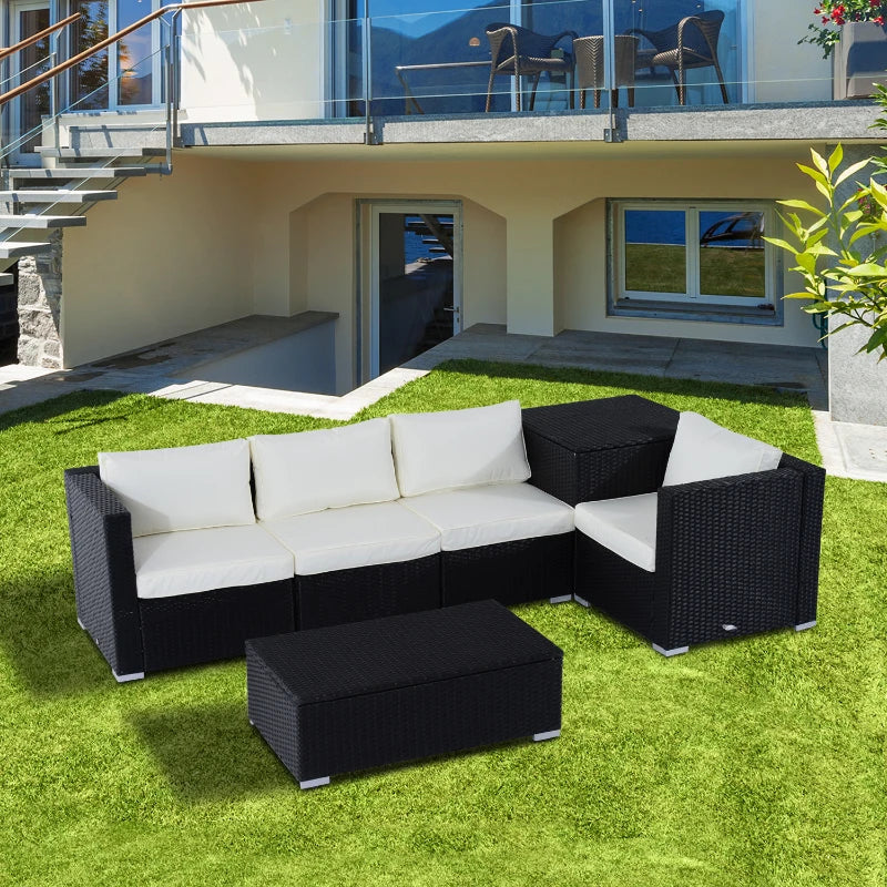 Black 4 Seater rattan Sofa With Cream Cushions And Storage Coffee Table