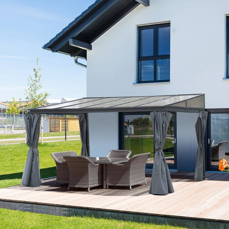 4 x 3m Grey Aluminium Garden Pergola: Outdoor Hardtop Gazebo with Polycarbonate Roof, Sun Shade Shelter, and Curtains - Trade Warehouse