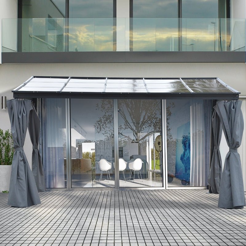 4 x 3m Grey Aluminium Garden Pergola: Outdoor Hardtop Gazebo with Polycarbonate Roof, Sun Shade Shelter, and Curtains - Trade Warehouse