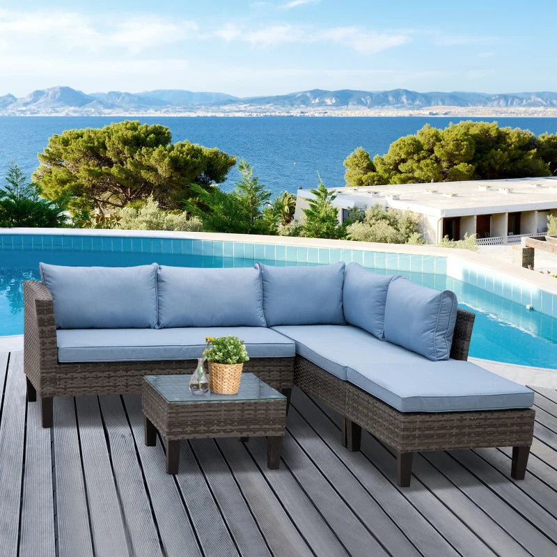 Blue 4 Seater Rattan Furniture Set With Tempered Glass Table
