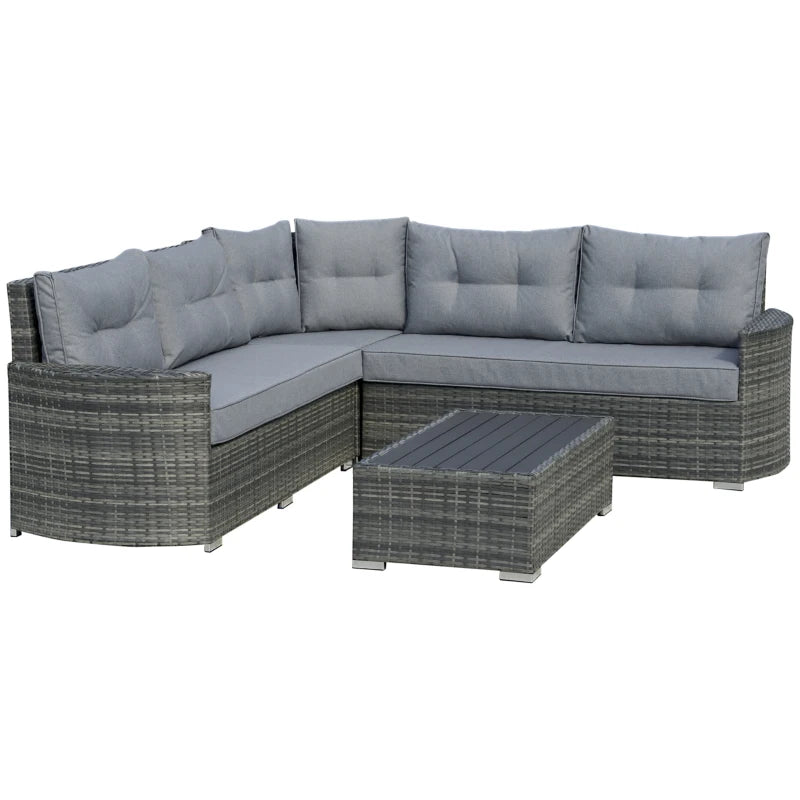Grey 4 Seater Rattan Corner Sofa Set With Padded Cushions & Topper Coffee Table