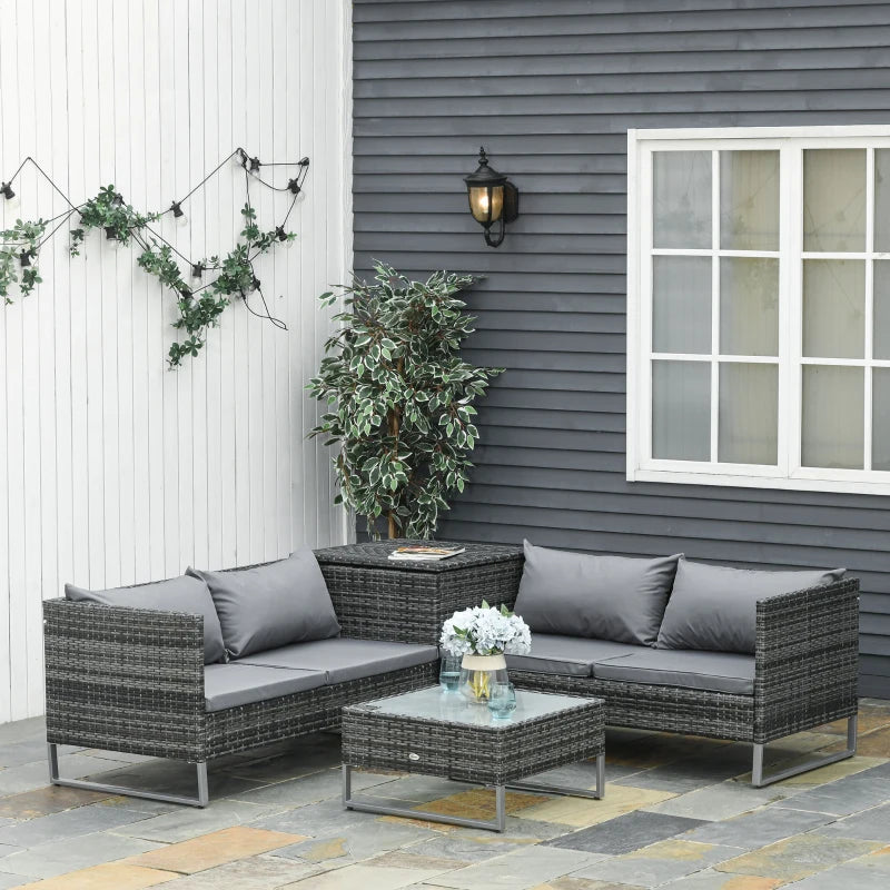 x2 Mixed Grey Rattan Sofas With Grey Cushions and Table Set with Side Storage - For Corner & Patio