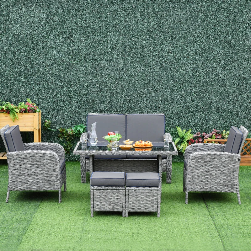 6 Seater Rattan Garden Furniture Set With Glass Top Dining Table, Loveseat, 2 Armchairs and Ottomans