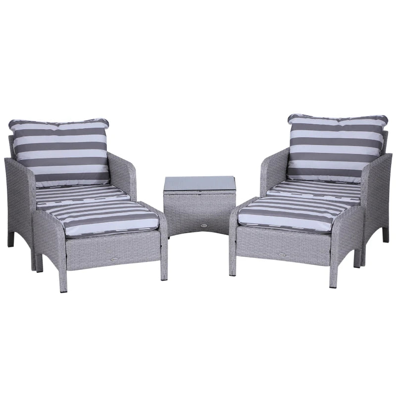 Dark Grey 5 Piece Rattan Set With 2 Armchairs, 2 Stool and Glass Top Table - Striped White & Grey Cushions