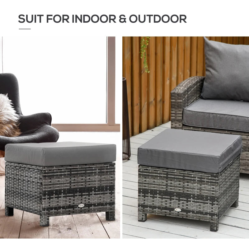 Dark Grey Rattan Footstool With Padded Grey Cushion - 50 x 50 x 35 cm