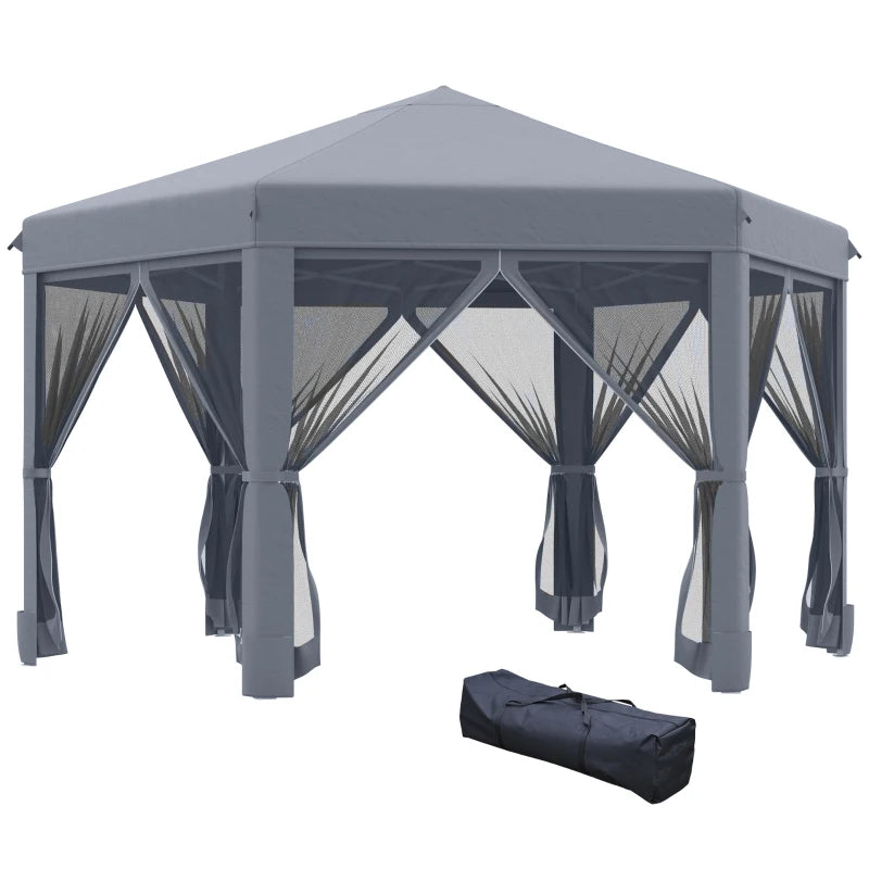 Grey 3.2m Hexagonal Pop Up Gazebo with Mesh Sidewalls