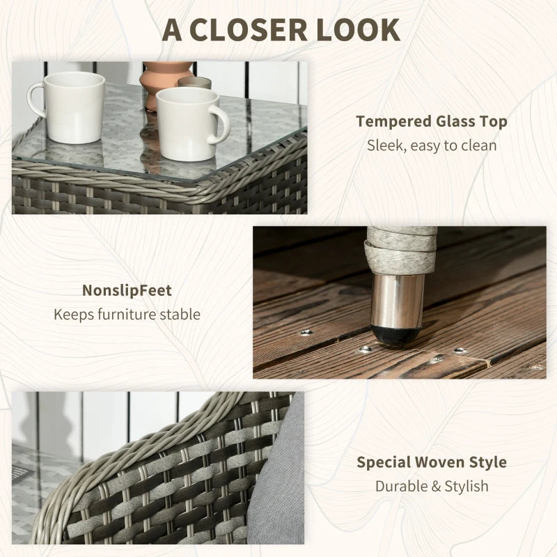 Curved Rattan Bistro Set | 2 Armchairs & Table With Cushions & Glass Tabletop