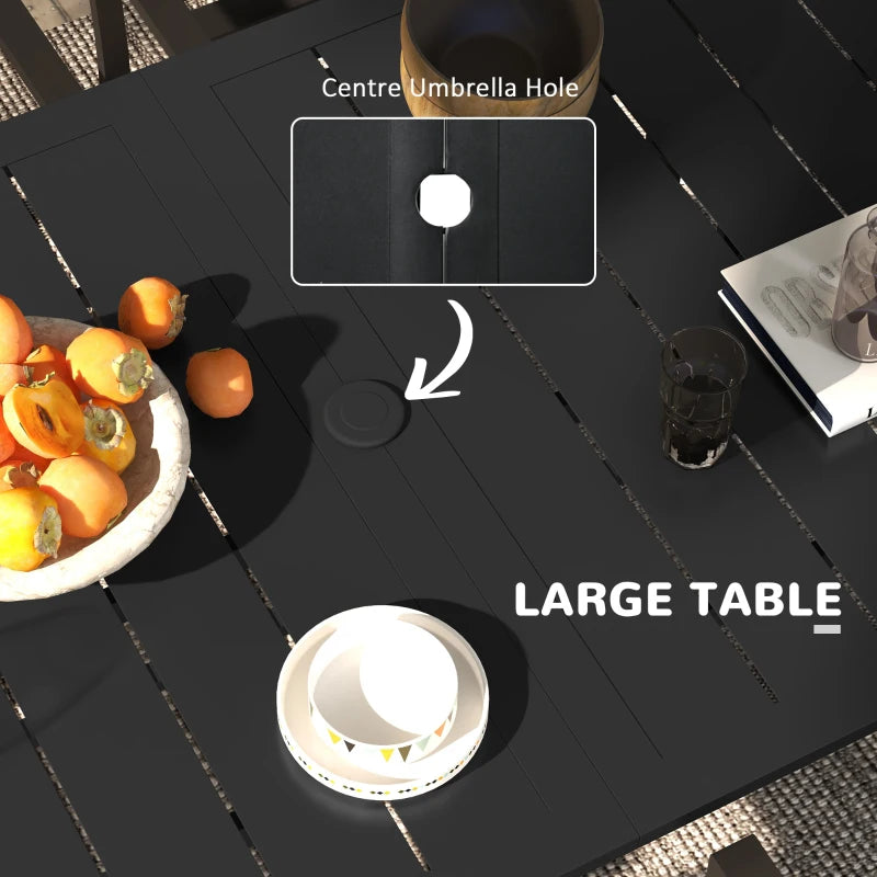 Black Metal 7 Piece Garden Dining Set With Umbrella Hole & Table Plus Stackable Chairs