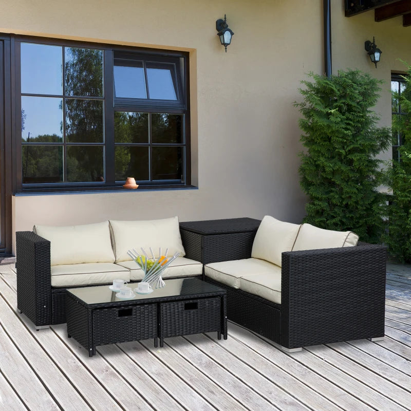 4 Seater Black Wicker Sofas With Cream Cushions, Glass Top Table and Storage Unit