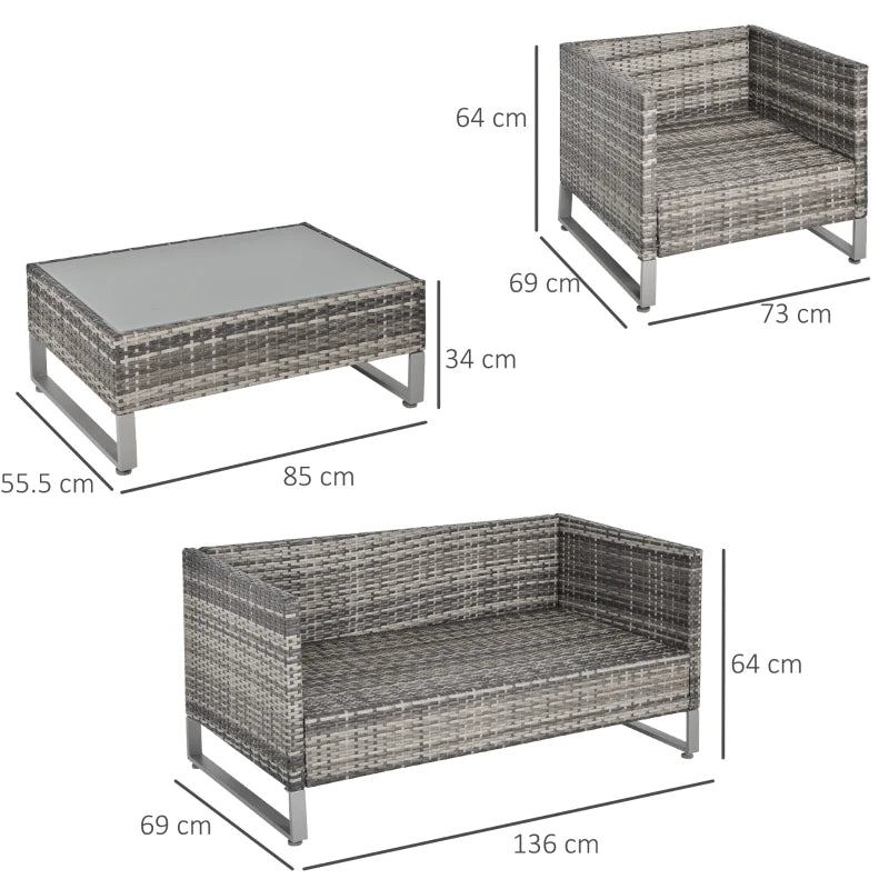 Dark Grey 4 Piece Rattan Sofa Set With Armchairs, Loveseat and Glass Top Coffee Table