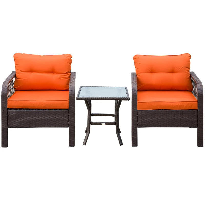 Dark Brown Patterned Rattan Bistro Set With Orange Cushions